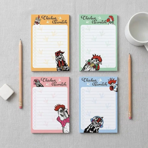 Chicken Themed Sticky Notes Set 4x6 Inches 200 Sheets Total Cute Rooster Paw Print Design Funny Animal Stationery in four colors