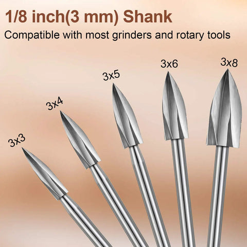 Close-up of Wood Carving And Engraving Drill Bit Set 15 Piece Kit with varied engraving bits, 3 mm shank size.