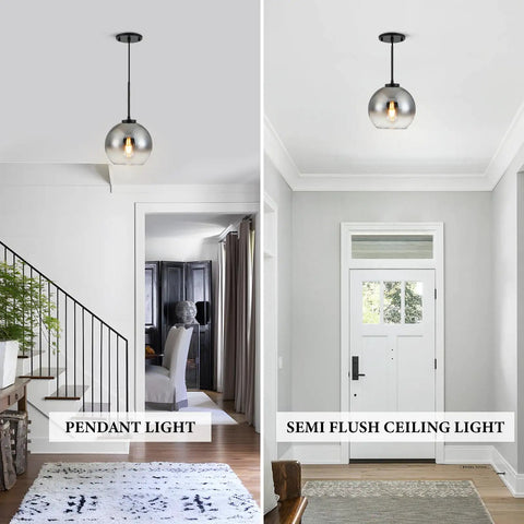 Black Farmhouse Pendant Light Fixtures Two Pack Over Table With Crystal Lampshades for kitchen and dining, rustic setting view
