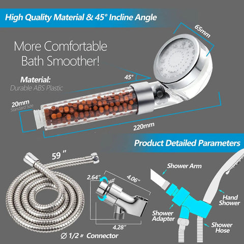 Detailed view of LED Shower Head With Handheld High Pressure Flow Filtration System with hose and installation diagram.