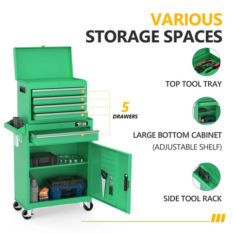 Heavy Duty Rolling Tool Chest With Lockable Swivel Wheels And Easy Pop Off Detachable Top featuring five knockout drawers, adjustable shelf, and top tool tray.
