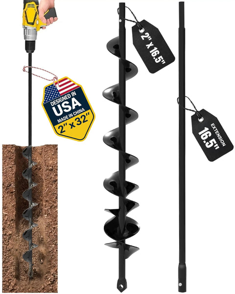 All Purpose Auger Drill Bit Set For Quick Planting And Hole Digging Two Inch By Thirty Two Inch With Extension Spiral Hole Planter For Bulbs Fence Posts And Umbrella Holes Three Eighth Inch Hex Drive Easy Garden Yard Tool in use and displayed separately.