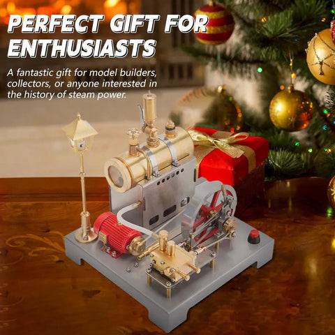 Steam Engine Kit With Boiler, Generator And Street Lamp, Reversible Horizontal Stationary Engine Model on wooden table