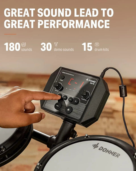 Close-up of drum module on DED-80 Electronic Drum Set With 4 Quiet Mesh Pads, 180 Plus Sounds, showing finger settings