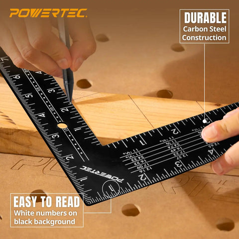 Using Must Have Pro Grade 16 By 24 Steel Framing Square With Rafter Tables on wood, showing right-angle measurement.