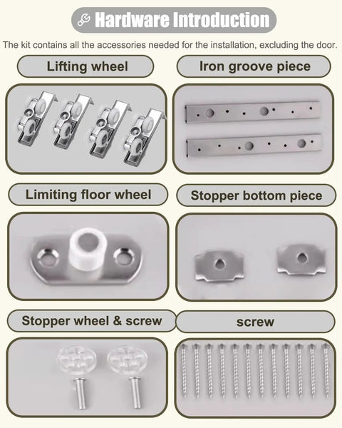 Heavy Duty Sliding Door Hardware Kit For Two Panels Adjustable Barn Track With Smooth Nylon Rollers lifting wheels and accessories.