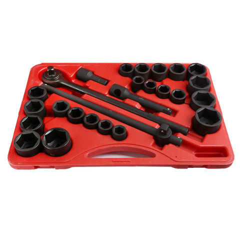 27 Piece Impact Socket Set With Three Quarter Inch Drive Includes Metric And SAE Sockets, Drop Forged Cr-V Steel, in red case