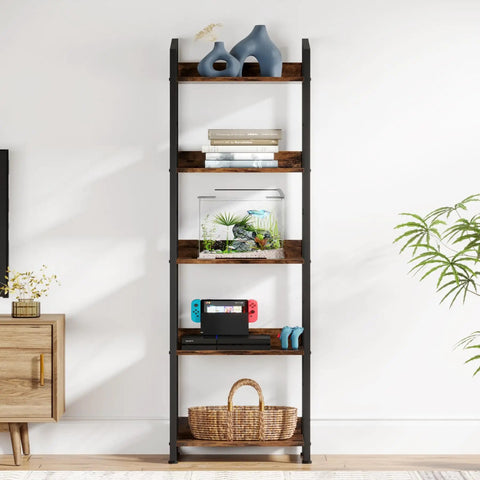 Five Tier Tall Bookshelf Featuring Rustic Brown Wood Panels And Sturdy Metal Frame Narrow Storage Organizer for decor and gaming items.