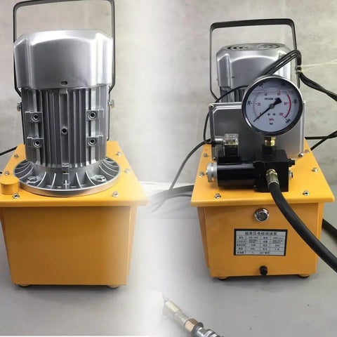 Heavy Duty 750W 110V Electric Hydraulic Pump With 7L Tank And Single Acting Pedal Solenoid Valve Control Kicking Up To Ten Thousand Psi For Solid Daily Grind And Shop Lifts Black, showing dual angles with gauge and tank.