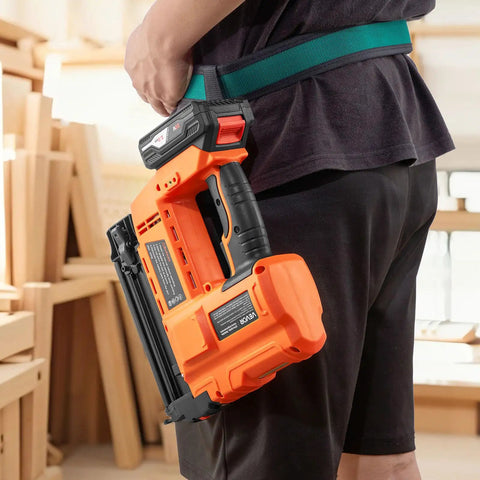 Smooth Shootin Cordless Brad Nailer 18 Gauge 20V Battery Powered Nail Gun held in a tool belt, ideal for woodworking and crafts.