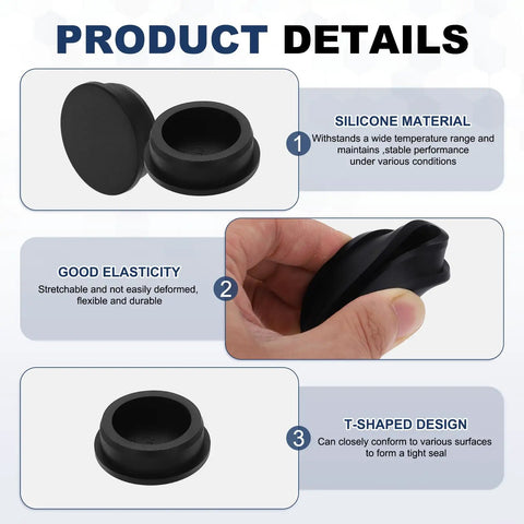 18 Piece T Shaped Silicone Plugs 43.3mm Diameter Snap In Hole Seal details showing material, elasticity, and design features.