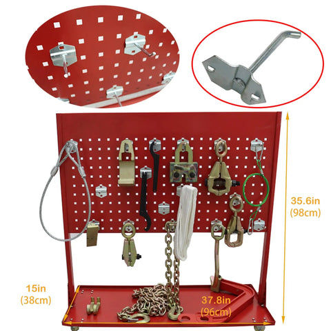 Red tool board with hooks and accessories for 10 Ton Hydraulic Auto Frame Straightener And Car Body Repair Puller, 5000 PSI Power.