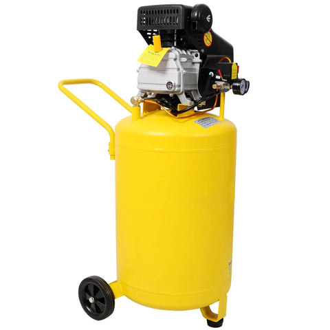 Heavy Duty 21 Gallon Vertical Air Compressor 2.5 HP 115 PSI Electric On Wheels, yellow tank with cast iron pump.