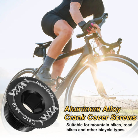 Two Pack M19 Aluminum Crank Screws for Mountain and Road Bikes, lightweight fixing bolts with cyclist and bicycle in background, black finish.