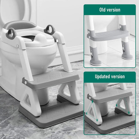 Super Secure Toddler Potty Ladder And Training Seat With Memory Foam Cushion Non Slip Base Fits All Standard Toilets No Sweat Setup Routine Kid Approved Gear For Boys And Girls showing old and updated versions with cushioning and support features.