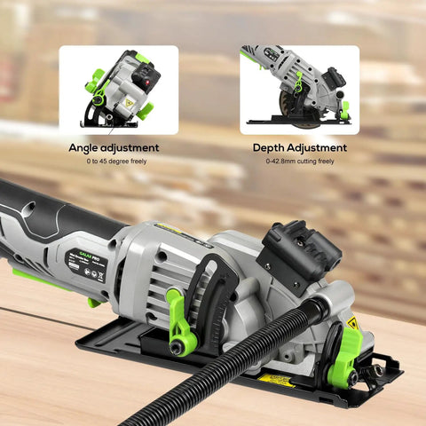 20V Cordless Mini Circular Saw With Laser Guide And Dual Blades Compact Wood Cutter features angle and depth adjustment for precision cuts.