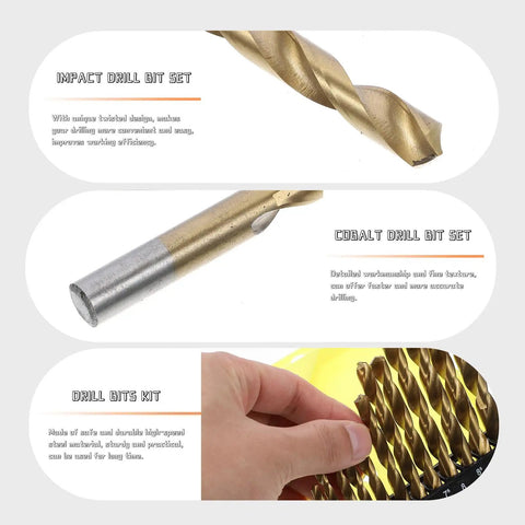 Premium 19 Piece High-Speed Steel And Cobalt Twist Drill Bit Set With Titanium Coated Straight Shanks For Impact Power Drills And Metal Jobs Perfect For Hard DIY Or Industrial Projects And Pros. 19-piece cobalt drill bit set
