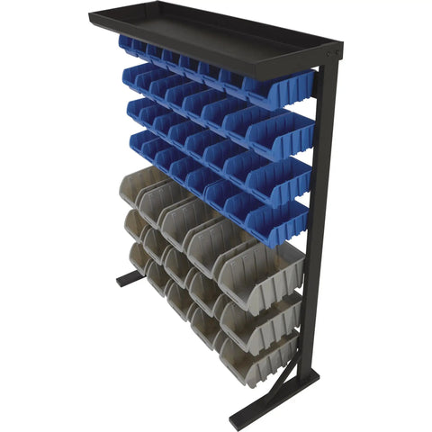 Heavy Duty Garage Organization Workhorse Storage Rack With Powder Coated Steel Rails And Hella Sturdy 47 Super Polypropylene Bins in black and blue.