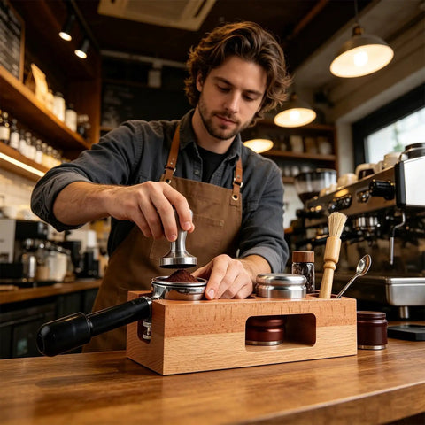 Premium 58mm Wooden Espresso Tamping Station Featuring Five Dedicated Holes For Dosers Needles And Tools To Handle The Morning Hustle Smooth While Keeping Your Home Barista Setup Locked Up And Fresh, in use on a wooden counter.