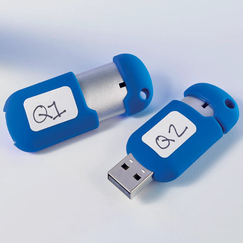 Self Adhesive Label Stickers 525 White Count One Half By Three Quarters Inch on labeled USB drives in blue casings.