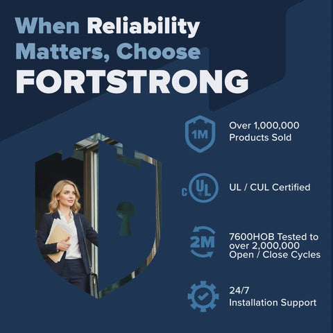 Fortstrong branding with FS-7600 HOB Commercial Door Closer stats, including UL certification and 2 million cycle test, next to woman at door.
