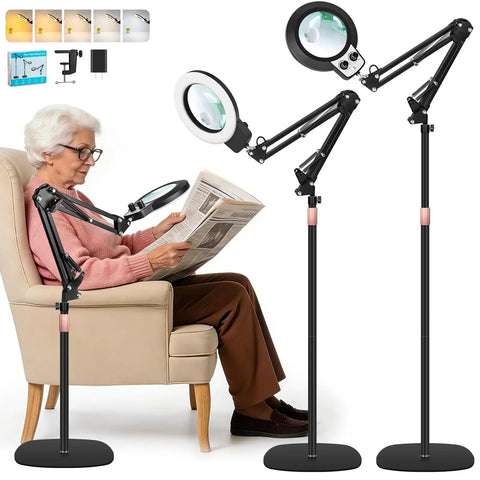 2 In 1 Floor Magnifying Glass With Light And Stand, Dual Knob Dimmable 12X And 30X Large Lighted Magnifier in use by woman reading