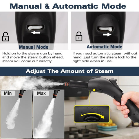Manual and automatic mode controls on Waitbird 4.5 Bar Handheld Steam Cleaner, 275°F with adjustable steam output.