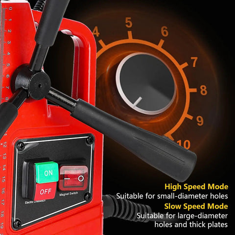 Control panel and speed settings of the 1300W Portable Magnetic Drill Press For Steel Beams And Metalworking Projects With 2 Inch Boring Capacity 810 Rpm Variable Speed And Ten Speed Settings.