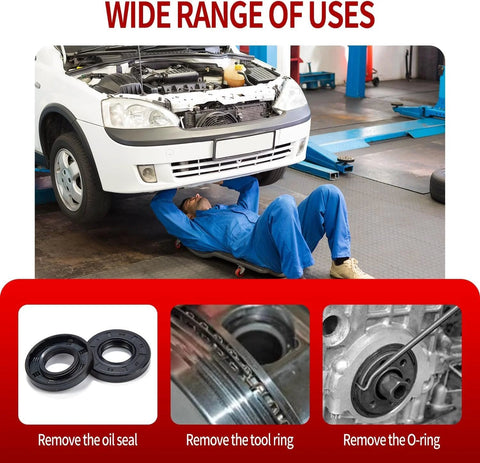 Mechanic under a car on a creeper using a 6.5-inch, 4-piece hook-and-pick automotive tool set with yellow grips.