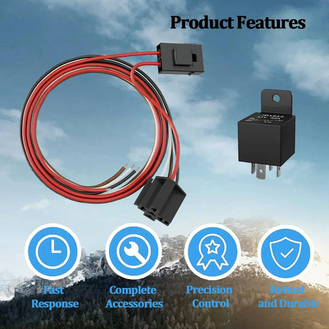 12V Car Electric Fan Relay Kit With 40 Amp Relay, showing wiring and relay against a mountain background