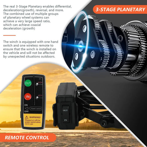 Illustration of 3-stage planetary gears and wireless remote of Beefy 2000 Lb Electric Winch for ATVs and UTVs 12V DC waterproof kit