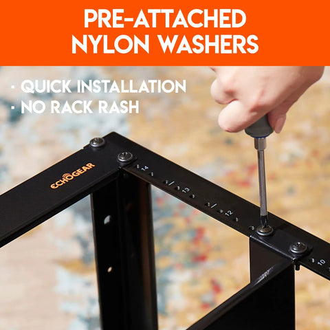 Hand installing Rack Mount Screws 10 By 32 Steel With Attached Nylon Washers And Pilot Point Heads in black network rack.