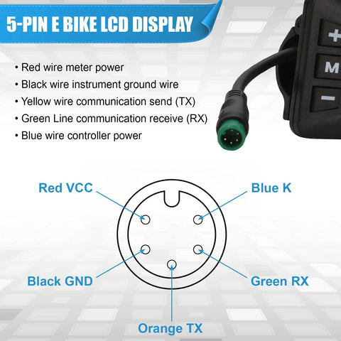 Five Pin LCD Color Display Controller For Electric Bikes And Scooters, Plug And Play Setup, showing pin connections