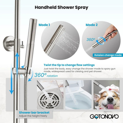 Outdoor Shower Faucet Set In Brushed Nickel, 304 Stainless Steel Shower Head With 2-In-1 Cylinder Handheld Spray, dual function use
