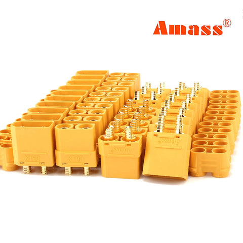XT90 Bullet Connectors 10 Pair Set for RC LiPo Batteries and Motors, arranged front view, showing male and female plugs.