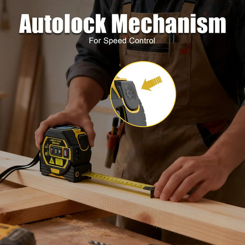 3 In 1 Laser Tape Measure With Digital Readout And LCD Display For Fast One Person Measurements At Home And On Job Sites Up To 197 Feet With Bright Sun Visible Laser And Simple One Handed Use, locking tape on wood board
