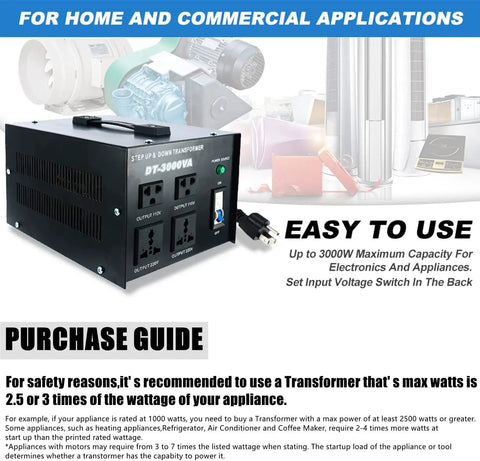 Rugged 3000VA Voltage Transformer Power Converter 110V To 220V showing unit with multiple plug options for home use