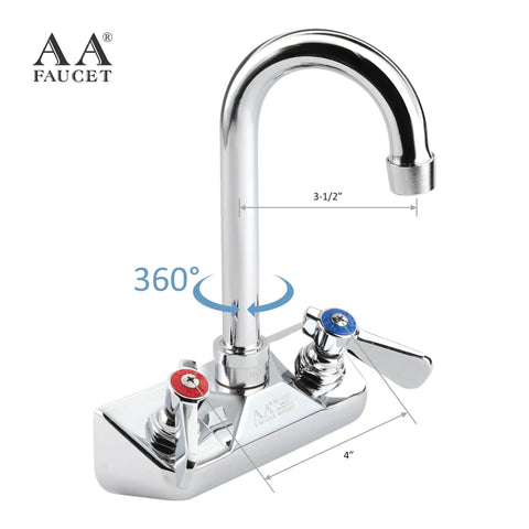 Wall Mount 4 Inch Gooseneck Hand Sink Faucet With Three And A Half Inch Spout, Heavy Duty Brass Construction, Chrome Polished Finish, Lever Handles Color Coded Red And Blue, NSF Approved For Restaurant Kitchen