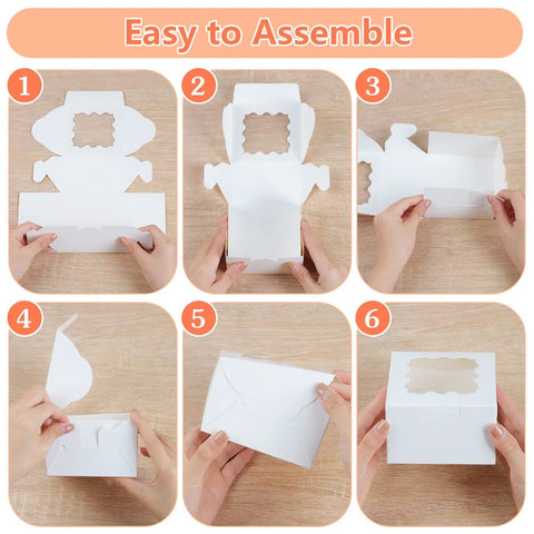 Premium White Cookie Boxes With Clear View Window And Included Thank You Labels 12 Pack Sized At 6X6X3 Inches being assembled step by step.