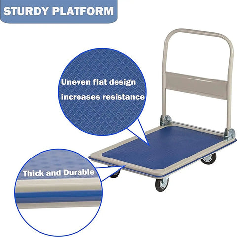 Heavy Duty Folding Platform Truck And Portable Hand Cart For Warehouse Moves Built Tough As Nails To Haul Six Hundred Sixty Pounds No Sweat Perfect For Home Office Or Factory Tasks, showcasing sturdy blue platform design.