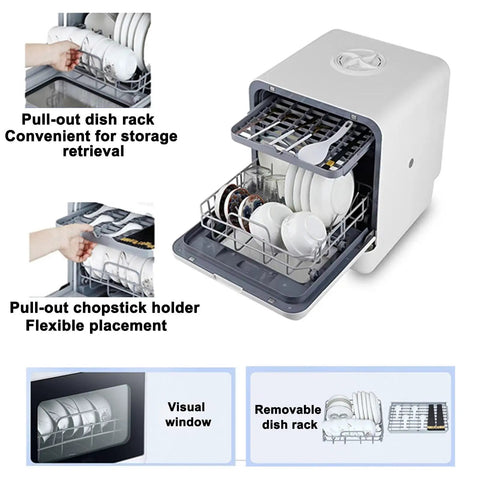 Slick Portable Mini Countertop Dishwasher With Five Liter Tank Three Quick Wash Cycles Glass Front LED display with pull-out dish rack and chopstick holder.