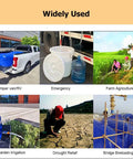 Collapsible Portable Water Storage Tank With Valve 500L uses include camping, agriculture, drought relief, and irrigation shown in images.