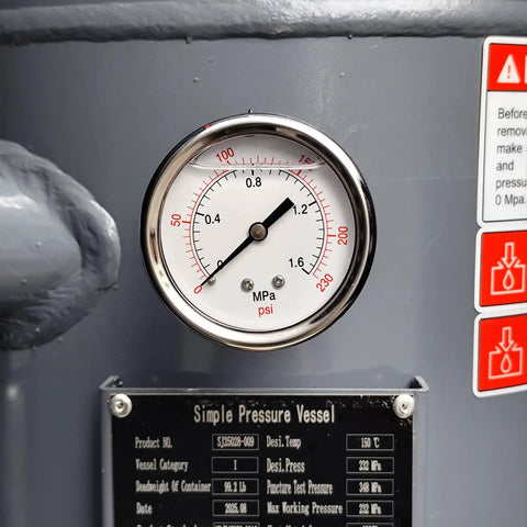 Pressure gauge showing psi readings on Heavy Duty 50 HP Rotary Screw Air Compressor Pump with Massive 219 CFM flow.