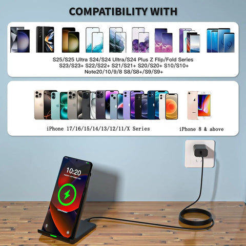 Blazing Fast 15W Wireless Charger Stand With 20W USB C Adapter, compatible with iPhone and Galaxy models, on a desk.