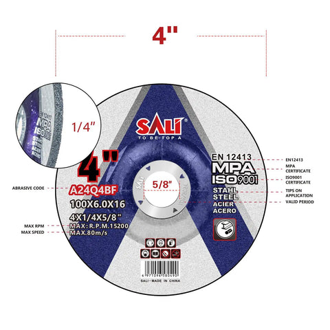 Heavy Duty 25 Pack 4 Inch Grinding Wheels For Angle Grinder Featuring Aluminum Oxide Depressed Center Design For Stainless Steel And General Metal Smooth Operator Quick Cut Action, close-up showing specifications.