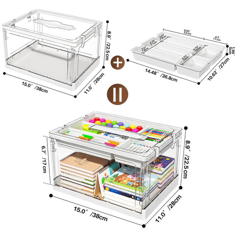 24 Quart Clear Plastic Storage Bins 2 Pack Double Layer Craft Organizer With Divided Sections For Sewing Supplies Keepin Your Hobby Corner Super Tidy Zero Grind Game Changer Setup showing dimensions and divided sections.