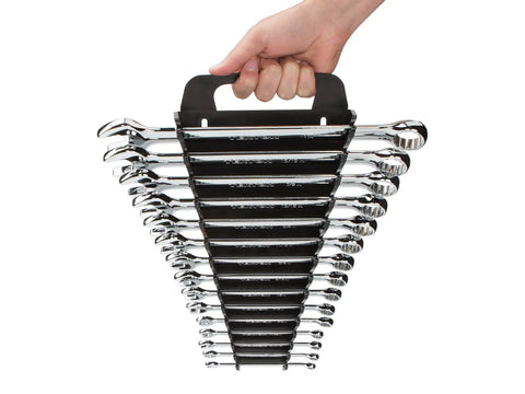 Man holding Beefy 15 Piece SAE Combination Wrench Set With Angled Open End For Tight Spaces 1/4 Inch To 1 Inch Sizes Plus Holder