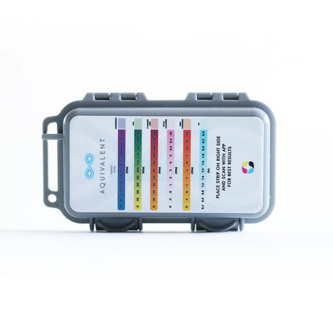All In One Pool And Spa Water Test Kit With AI Powered App No Fuss Thick Strips in rugged case, front view showing color indicators.
