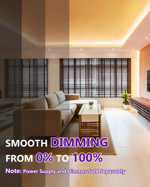 Living room with smooth lighting from COB LED Strip Light 16.4 ft Warm White 2700K High Density 24V Tape Light With 2560 LEDs