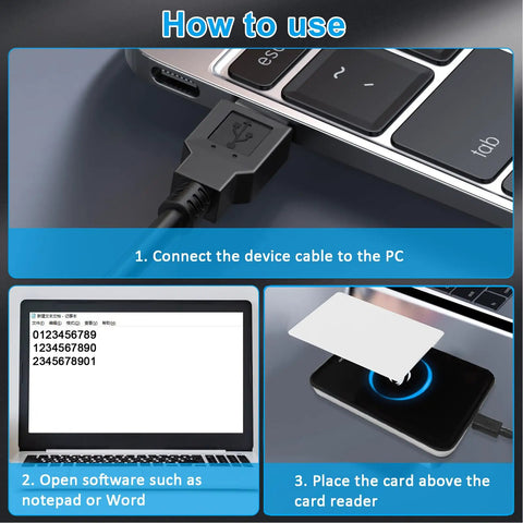 Beefy Metal Case RFID Reader Dual Frequency 125KHz 13.56MHz Long Range Card Scanner installation illustration with laptop connection.